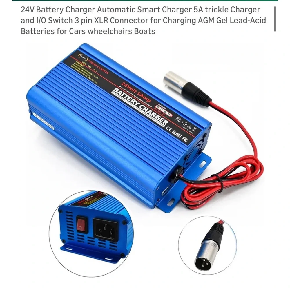 24V Battery Charger Automatic Smart Charger 5A Trickle Charger 3 pin XLR